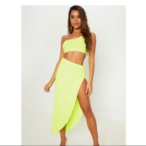 Neon yellow Ruched side split midaxi skirt